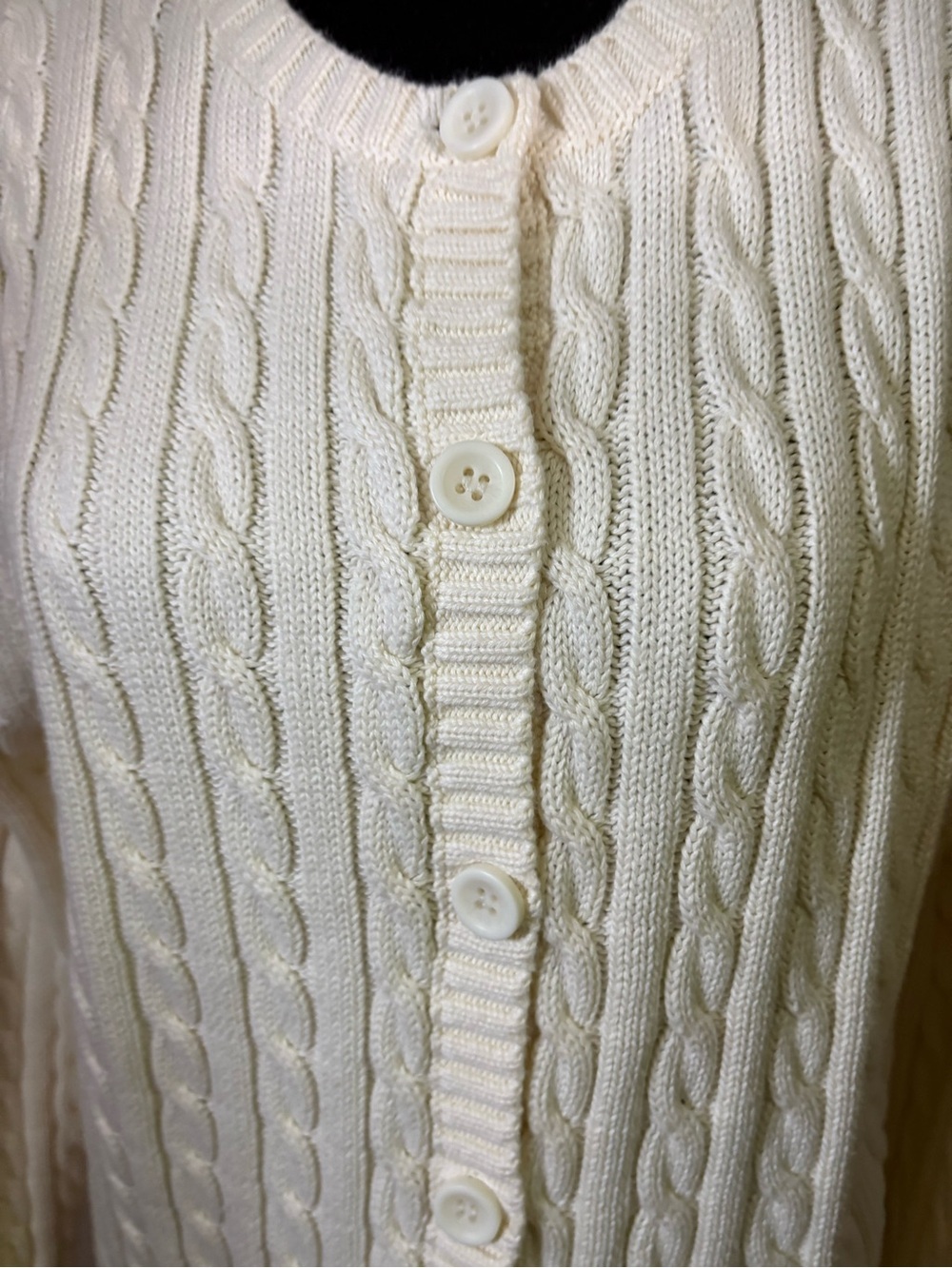 Lands’ End White Cable Knit Button-Front Cardigan Sweater L 12-14 - Picture 6 of 8